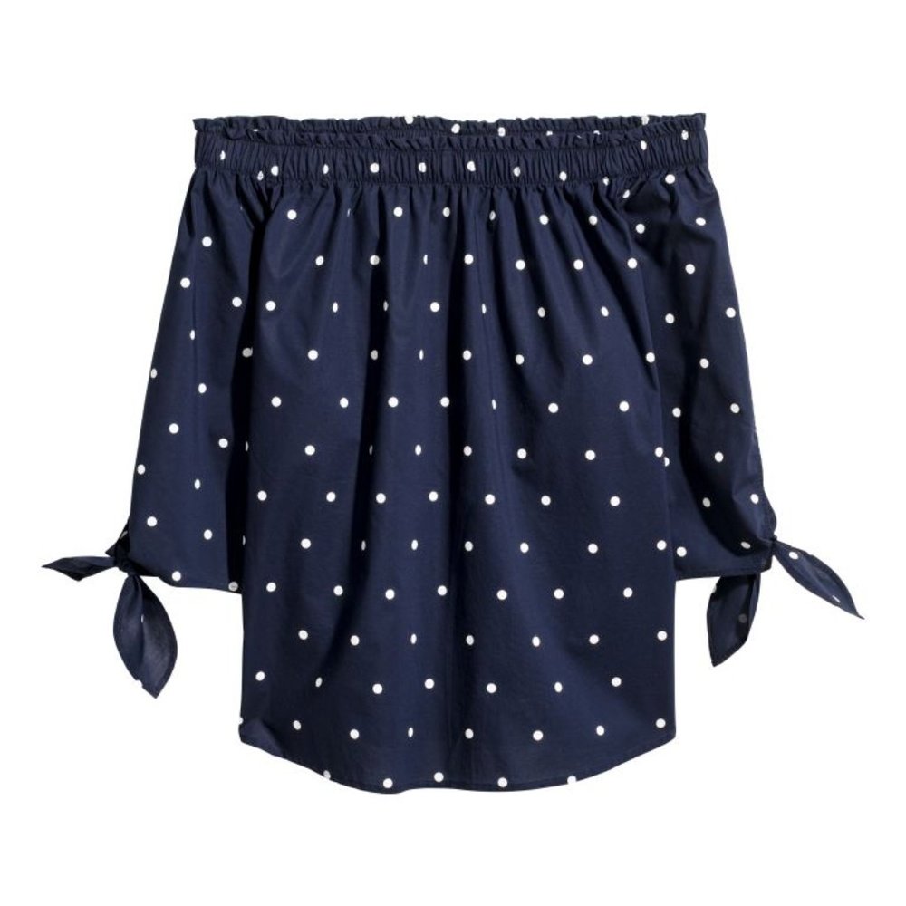 H&M Off the Shoulder Navy Polka Dot Top